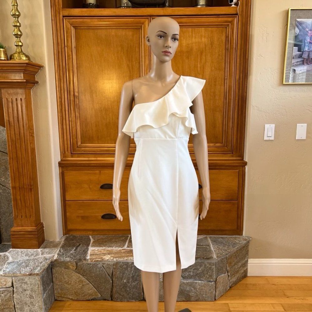 Bardot White One Shoulder Ruffle Midi Dress Size 8
